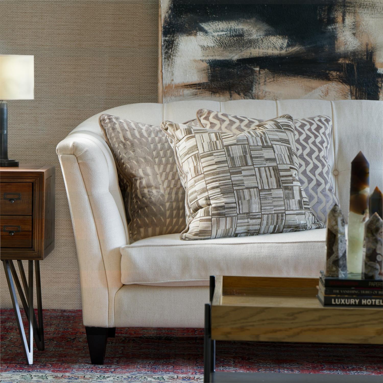 Lexington Taupe Sustainable Feather Cushion 55cm X 55cm - Andrew Martin Velvet Geometric