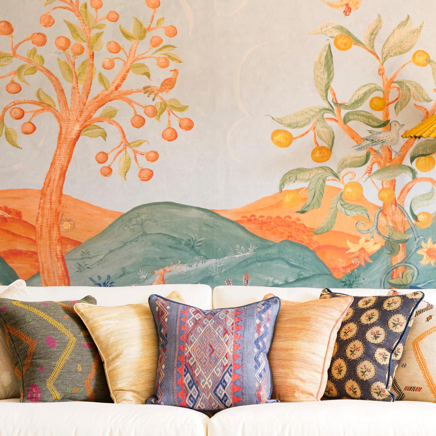 Frida Denim Sustainable Feather Cushion - Andrew Martin Kit Kemp Cotton Blend Linen Blend Viscose Blend Geometric