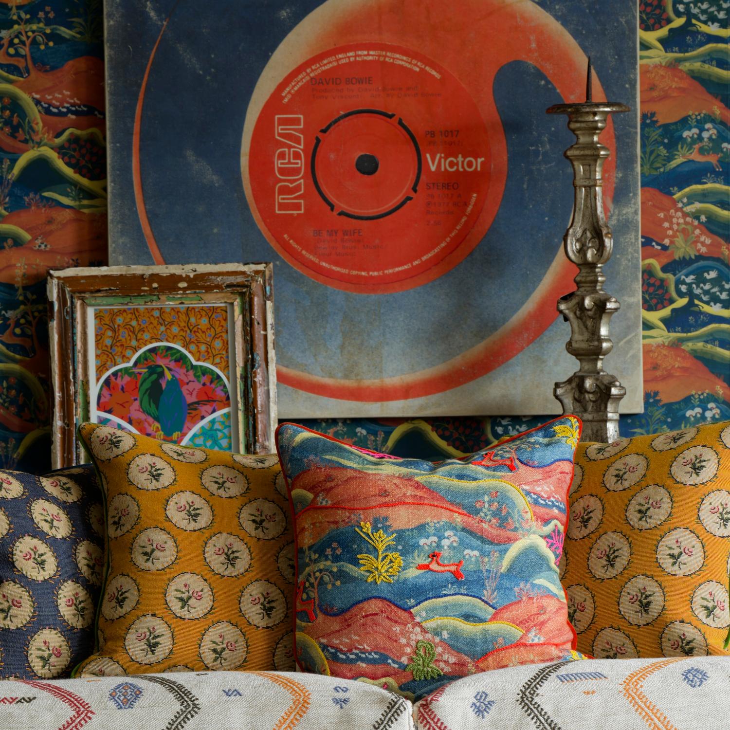 Meadow Multi Sustainable Feather Cushion Meadow - Andrew Martin Kit Kemp Linen Linen Blend Embroidered Animal Floral