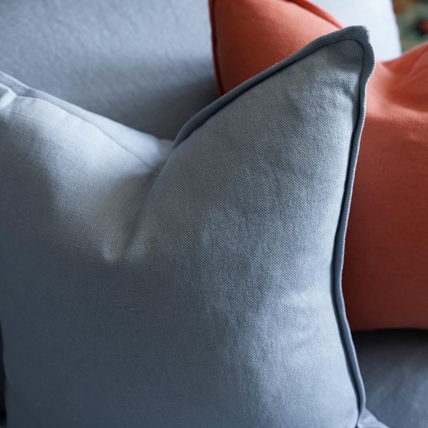 Rocco Hazy Sky Sustainable Feather Cushion 55cm X 55cm Blue - Andrew Martin With Trim Fringe Linen Linen Blend Plain