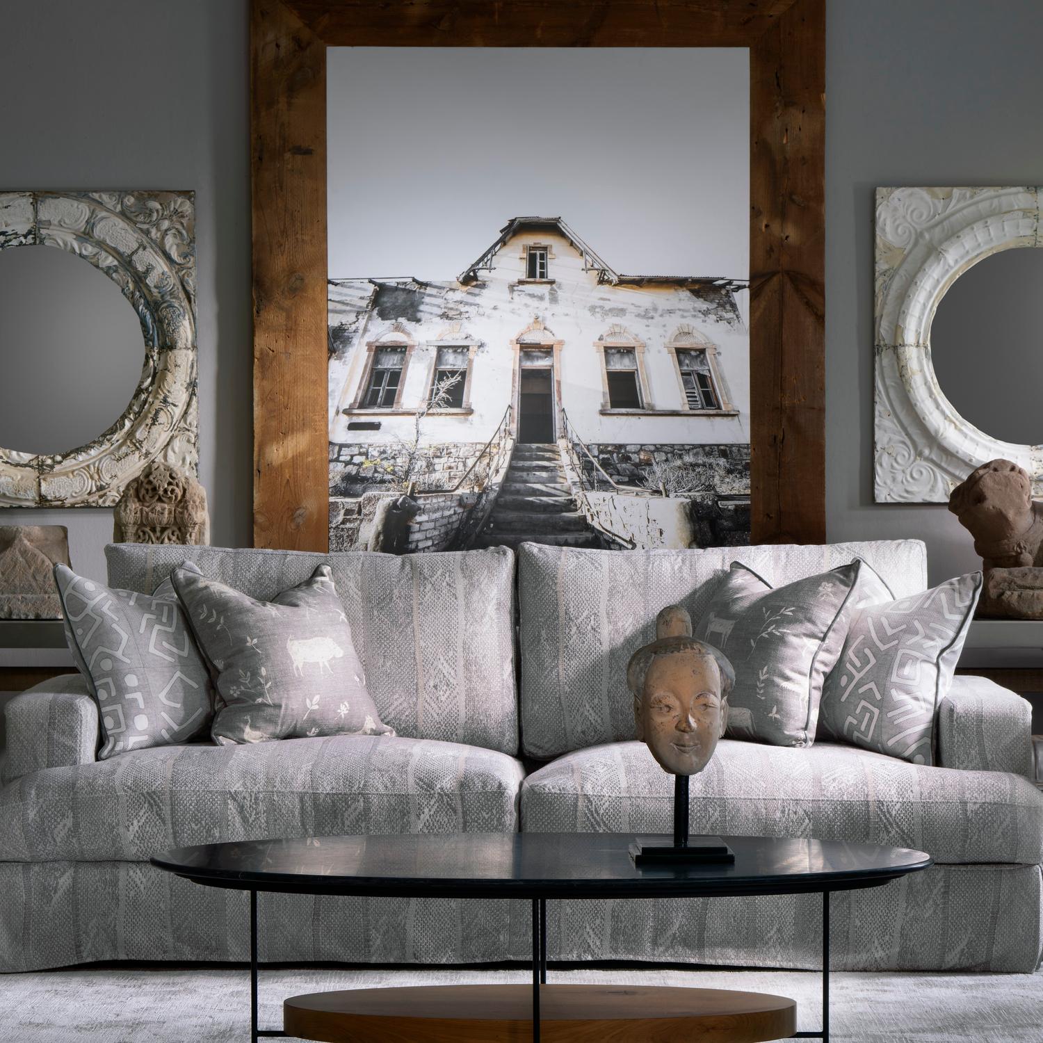 Ashanti Smoke Sustainable Feather Cushion 55cm X 55cm - Andrew Martin Linen Linen Blend Viscose Blend Geometric