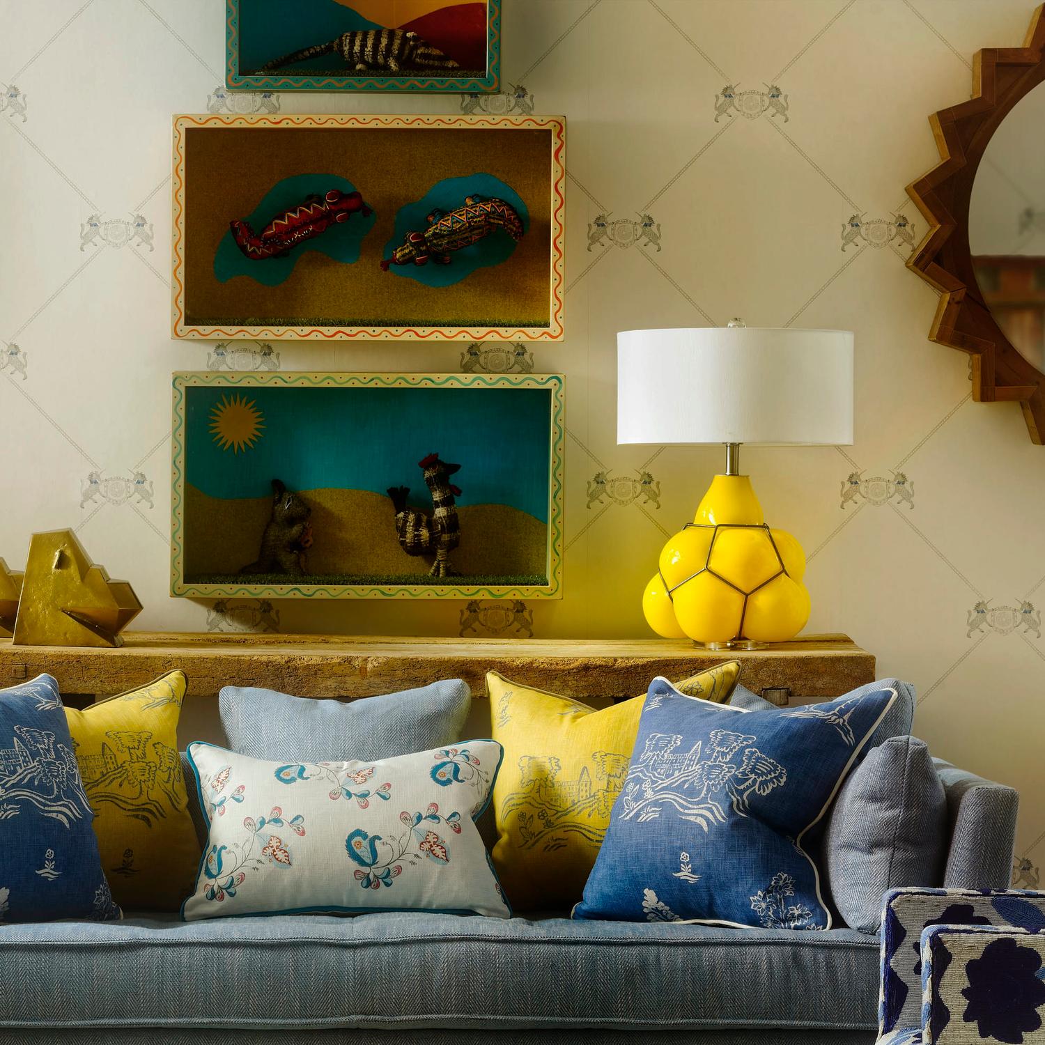 Friendly Folk Happy Blue Sustainable Feather Cushion 55cm X 55cm - Andrew Martin Kit Kemp Eco-conscious Linen Blend Viscose Blend Animal Flor