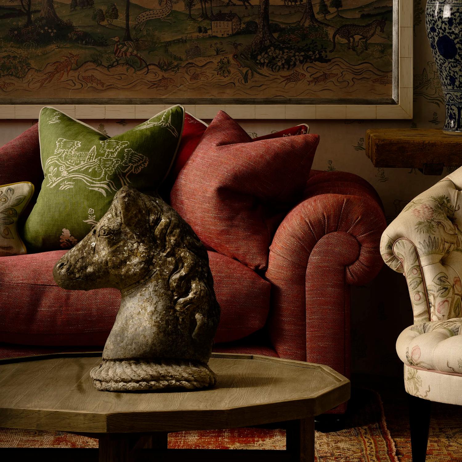 Friendly Folk Basil Green Sustainable Feather Cushion 55cm X 55cm - Andrew Martin Kit Kemp Eco-conscious Linen Blend Viscose Blend Animal Flo