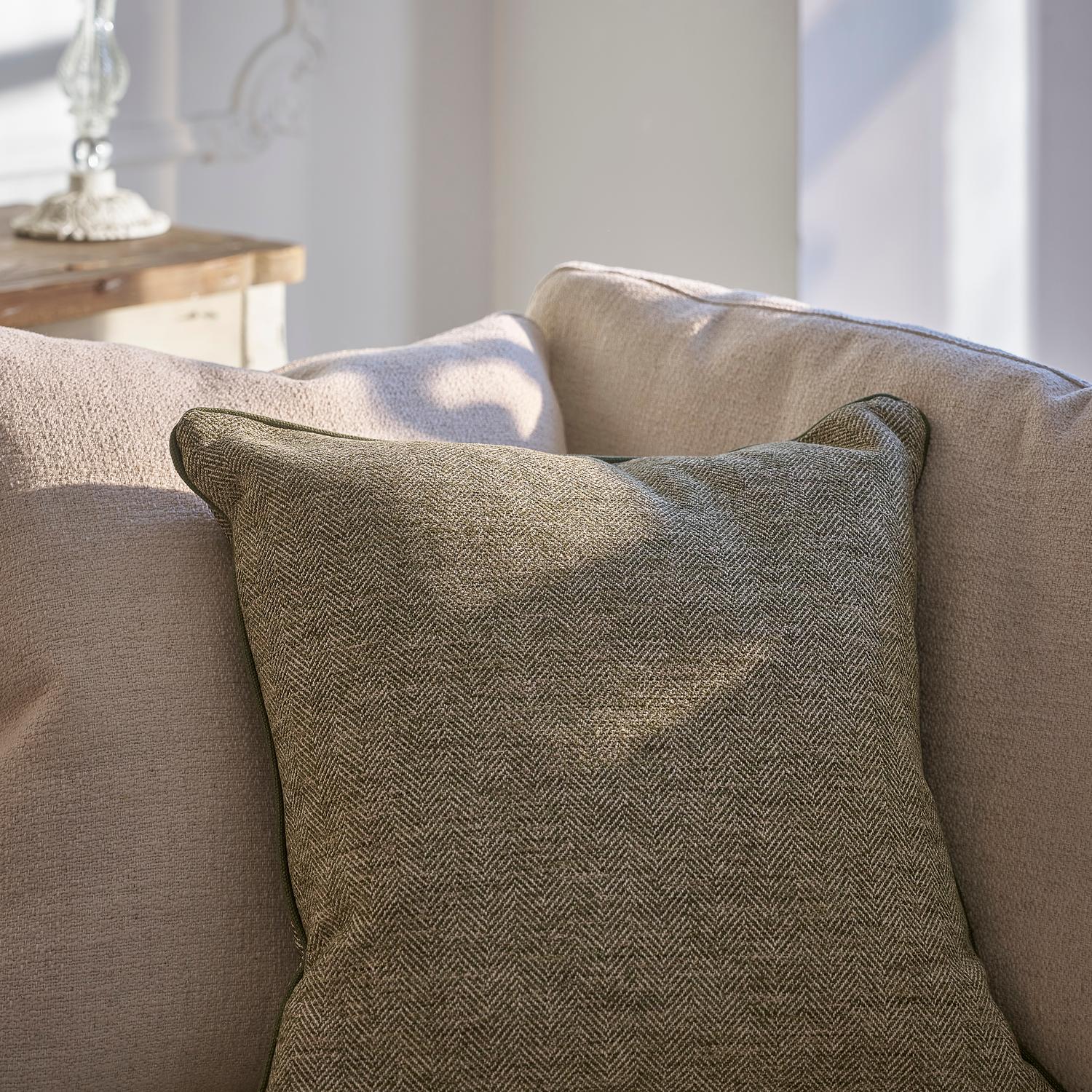 Delphini Zucchini Sustainable Feather Cushion 55cm X 55cm - Andrew Martin Cotton Blend Herringbone Plain Weave