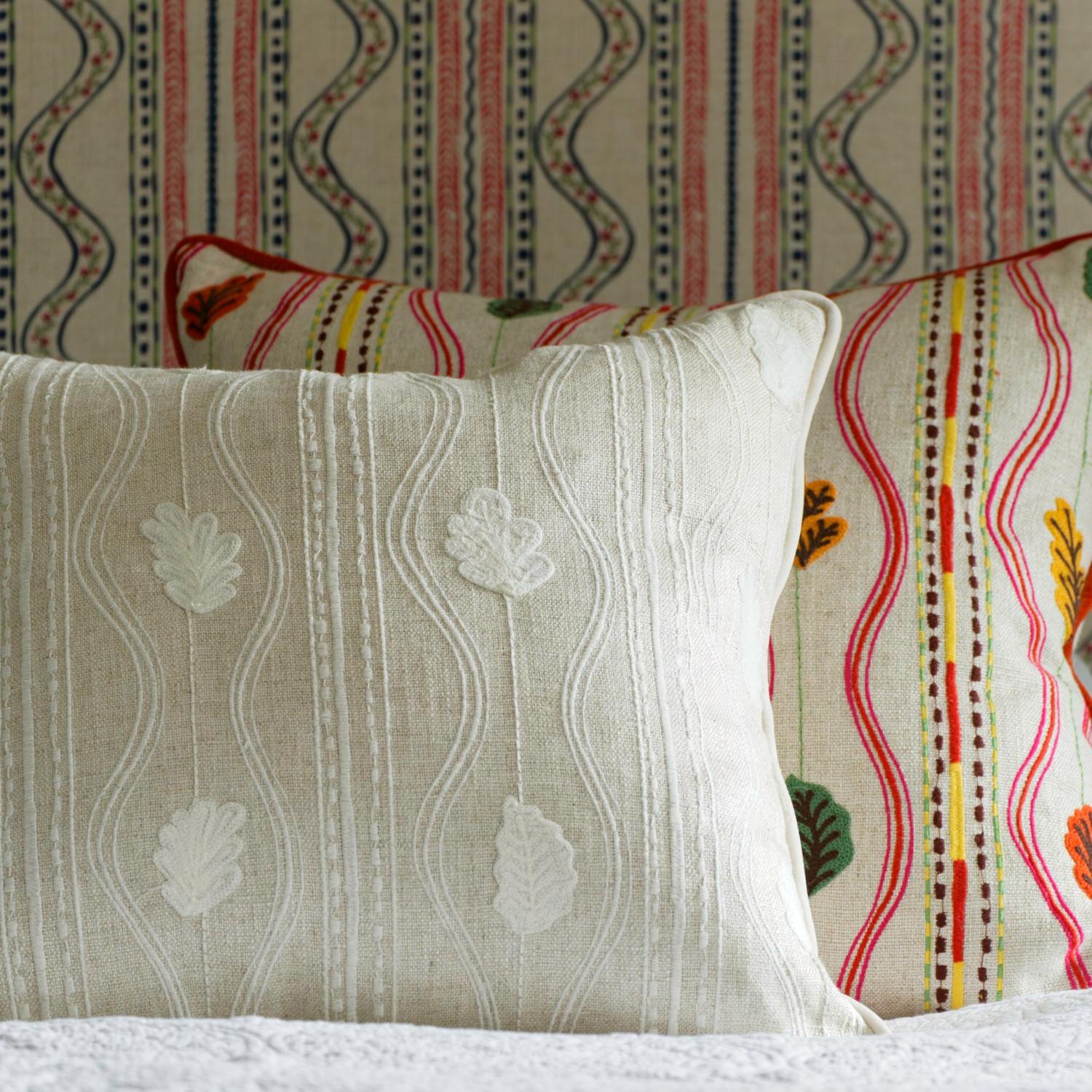 Falling Leaves Multi Sustainable Feather Cushion Autumn - Andrew Martin Kit Kemp Linen Linen Blend Embroidered Floral