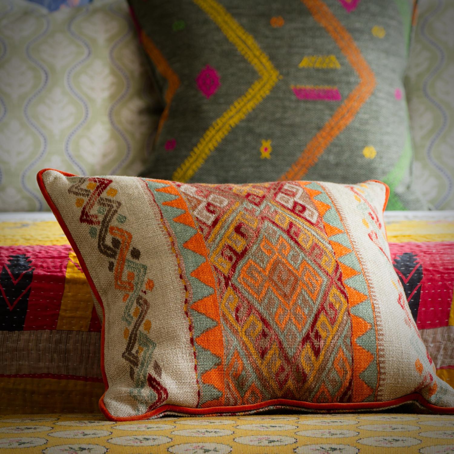 Frida Sunset Sustainable Feather Cushion - Andrew Martin Kit Kemp Cotton Blend Linen Blend Viscose Blend Geometric