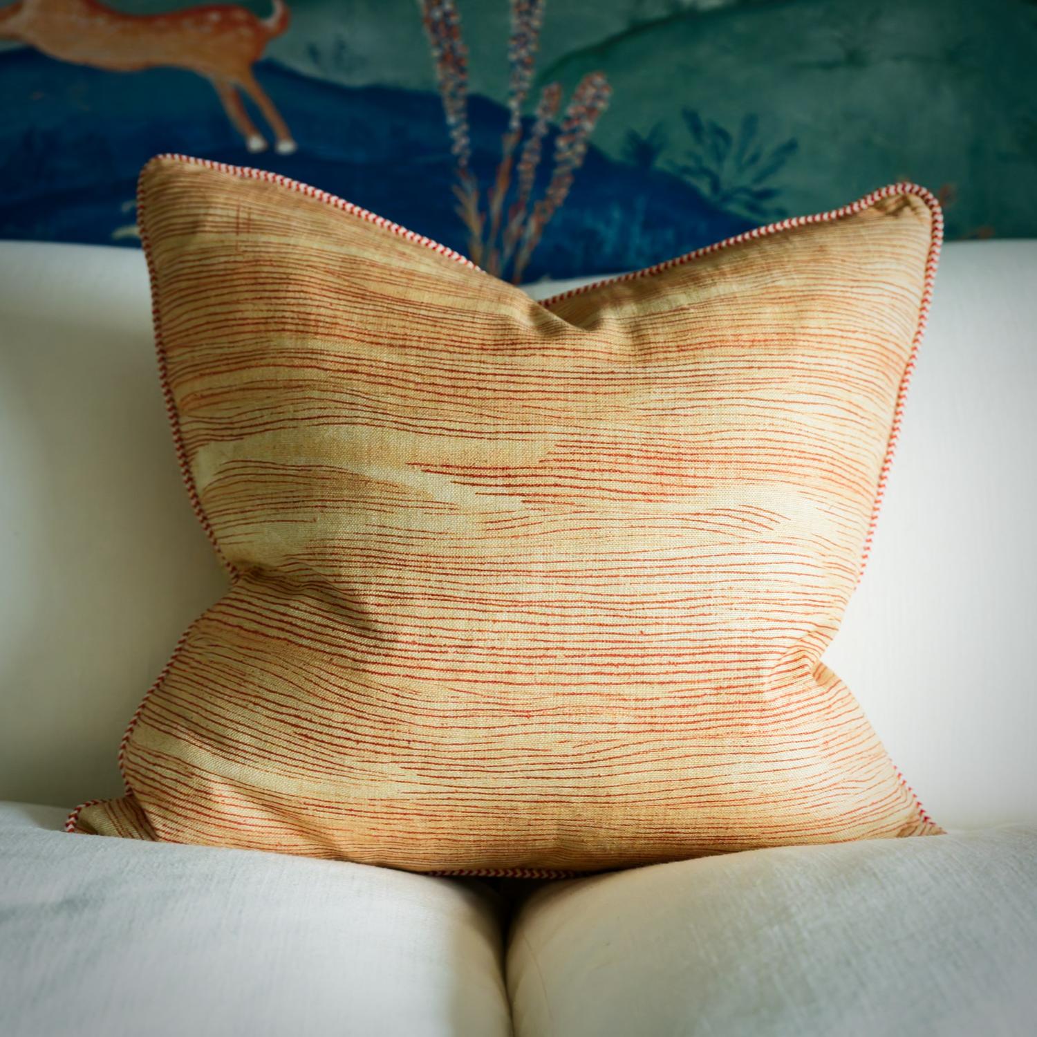 Puff Orange Sustainable Feather Cushion - Andrew Martin Kit Kemp Linen Linen Blend Stripe