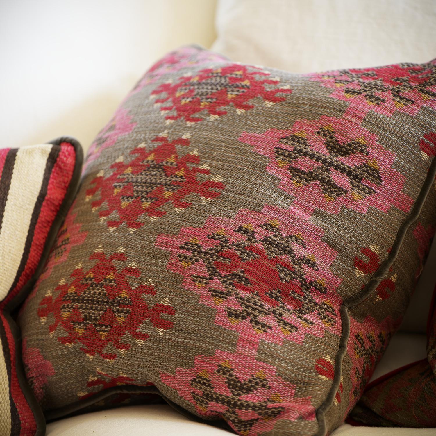 Orillo Pink Sustainable Feather Cushion 55cm X 55cm - Andrew Martin Cotton Blend Kilim Weave