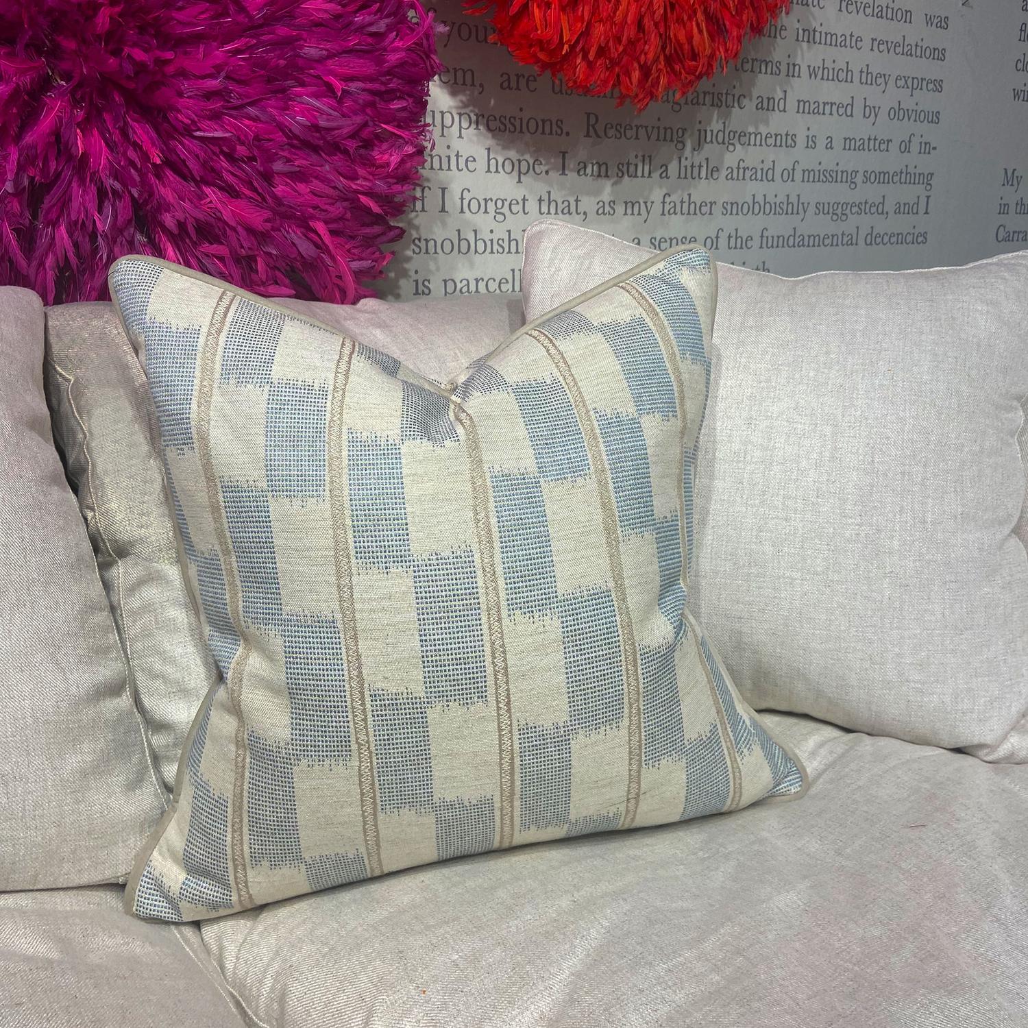 Positano Aqua Sustainable Feather Cushion - Andrew Martin Cotton Blend Geometric Stripe