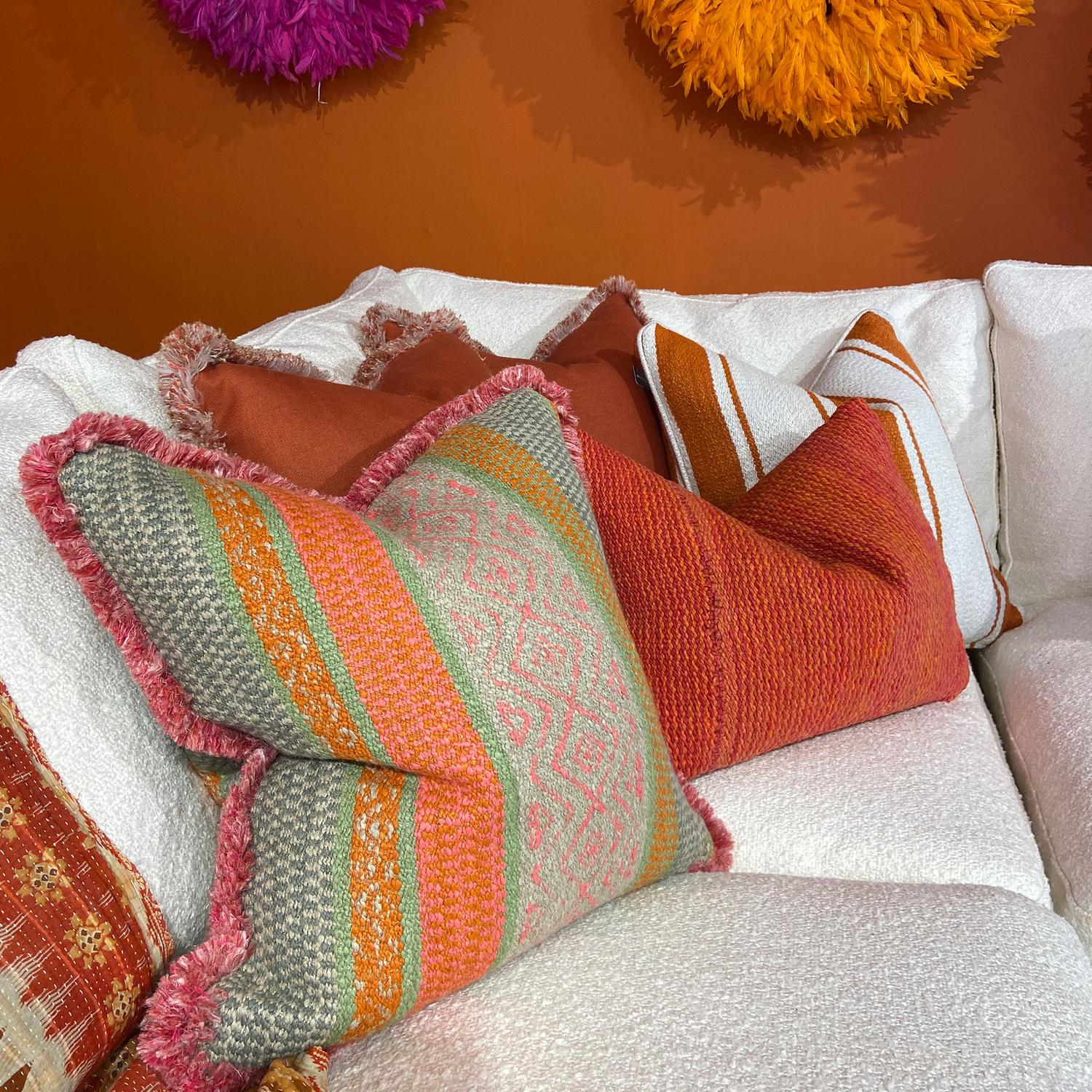 Pampas Pink Sustainable Feather Cushion 55cm X 55cm - Andrew Martin With Trim Fringe Cotton Blend Linen Blend Stripe