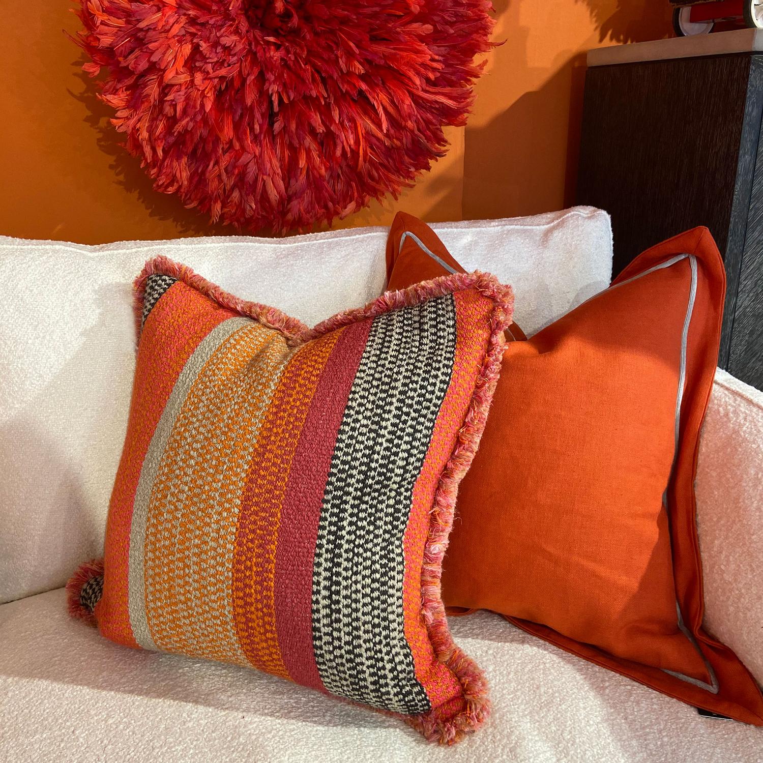 Llama Orange Sustainable Feather Cushion 55cm X 55cm - Andrew Martin Cotton Blend Linen Blend Stripe