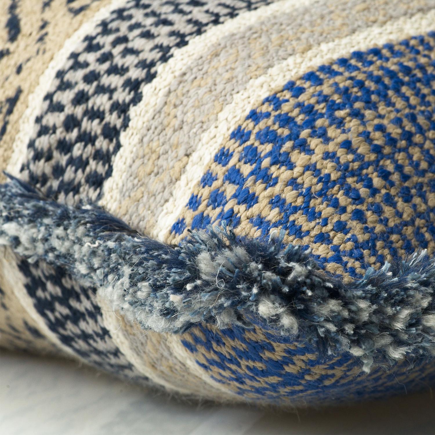 Pampas Indigo Sustainable Feather Cushion 55cm X 55cm - Andrew Martin With Trim Fringe Cotton Blend Linen Blend Geometric Stripe