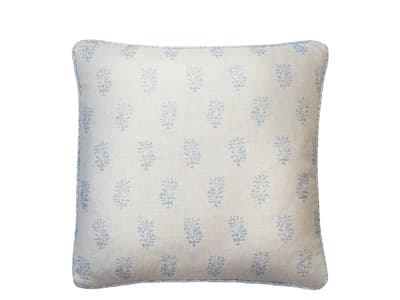 Botanical linen cushion in pale blue and ivory 