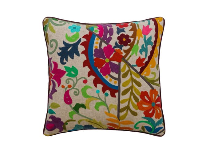 Vibrant floral embroidery cushion