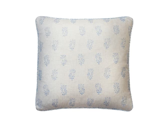 Botanical linen cushion in pale blue and ivory 