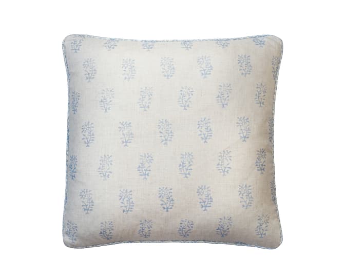 Botanical linen cushion in pale blue and ivory 
