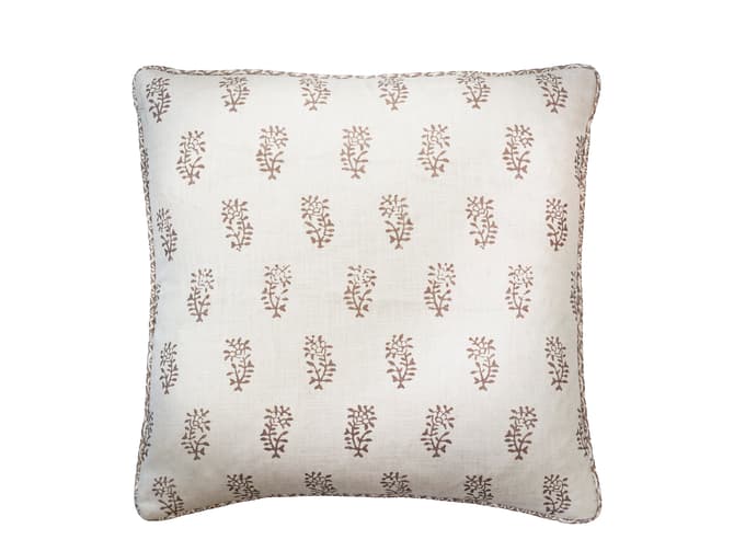 Botanical sprig cushion in warm brown on ivory 