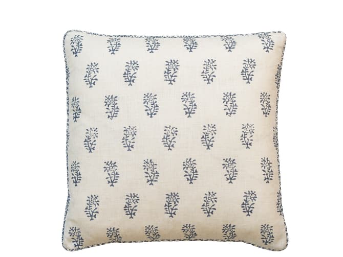 Botanical sprig cushion in blue and ivory 
