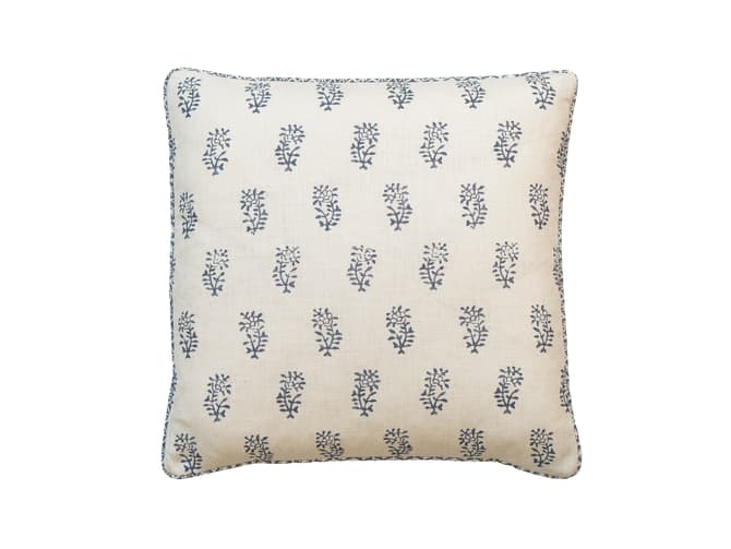 Botanical sprig cushion in blue and ivory 