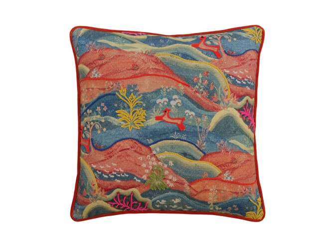 Vibrant embroidered landscape cushion