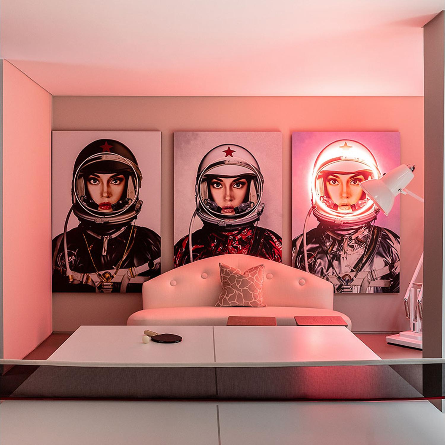 Space Girl Logos Silver Neon Artwork Silver 122cm X 182cm - Andrew Martin