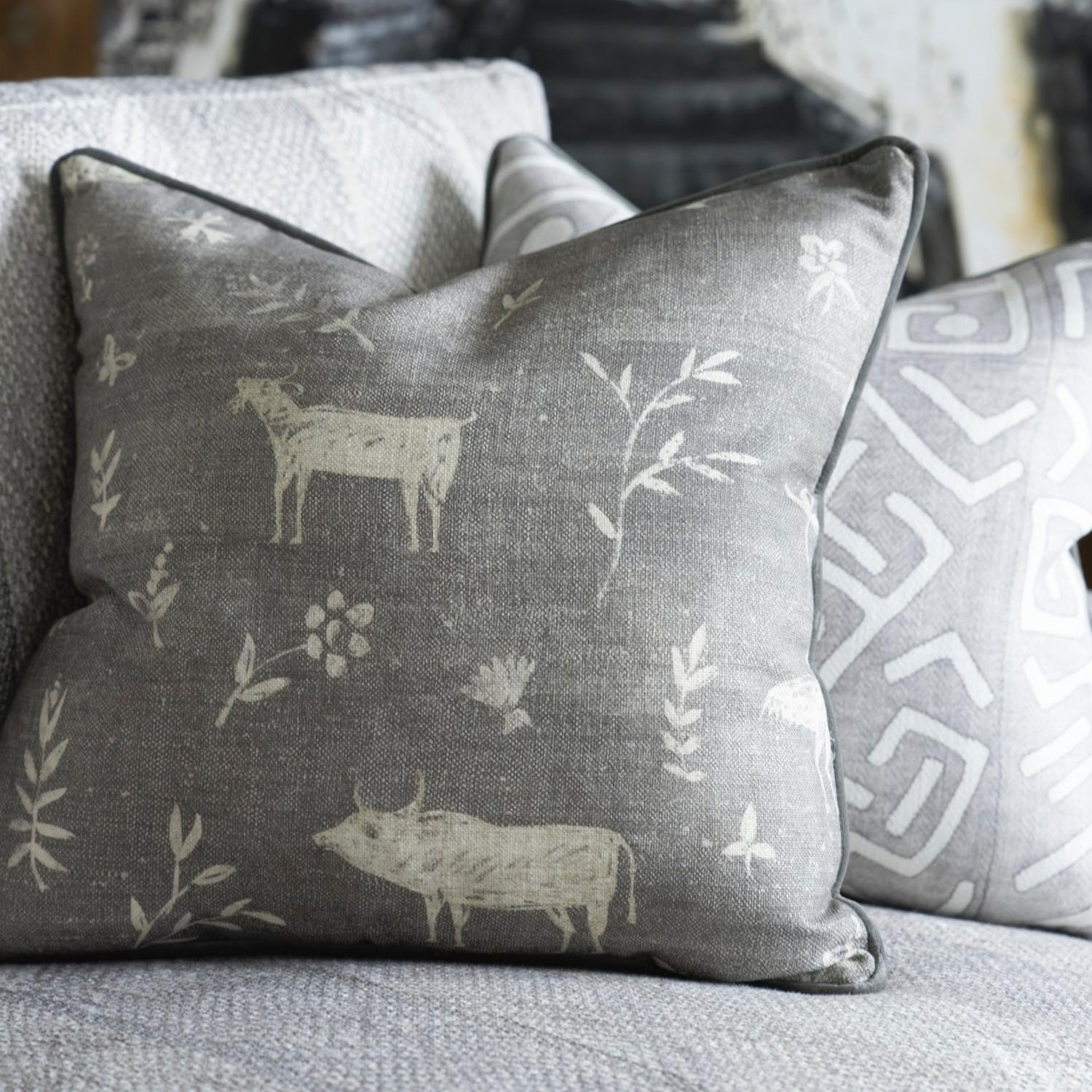 Avebury Smoke Sustainable Feather Cushion 55cm X 55cm - Andrew Martin Linen Linen Blend Viscose Blend Animal Floral