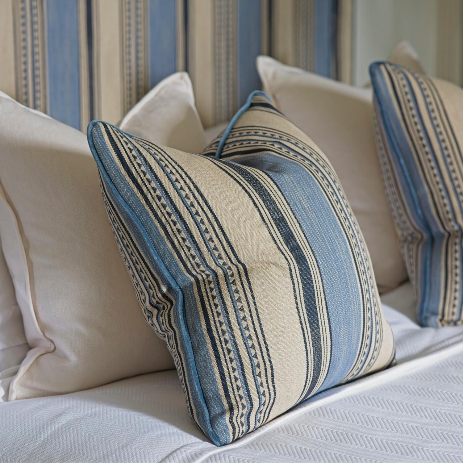 Las Salinas 8 Sustainable Feather Cushion 55cm X 55cm Blue - Andrew Martin Cotton Blend Kilim Stripe