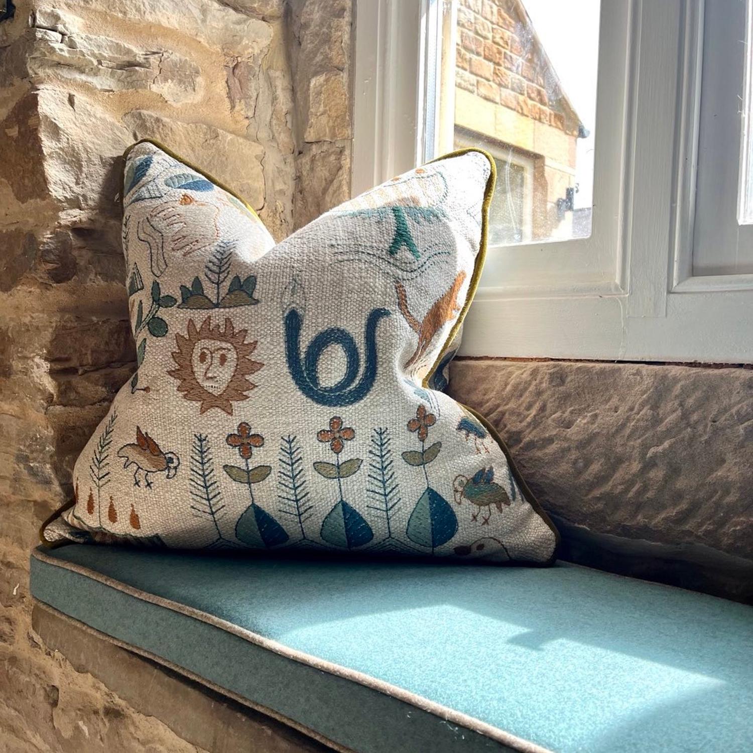 Scout Forest Sustainable Feather Cushion - Andrew Martin Linen Linen Blend Embroidered Animal Floral