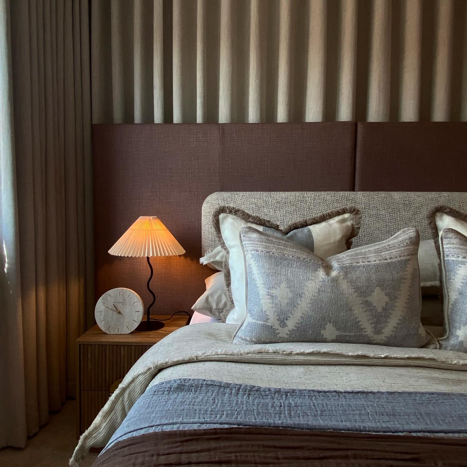 Babylon Denim Sustainable Feather Cushion - Andrew Martin Linen Blend Ikat Stripe