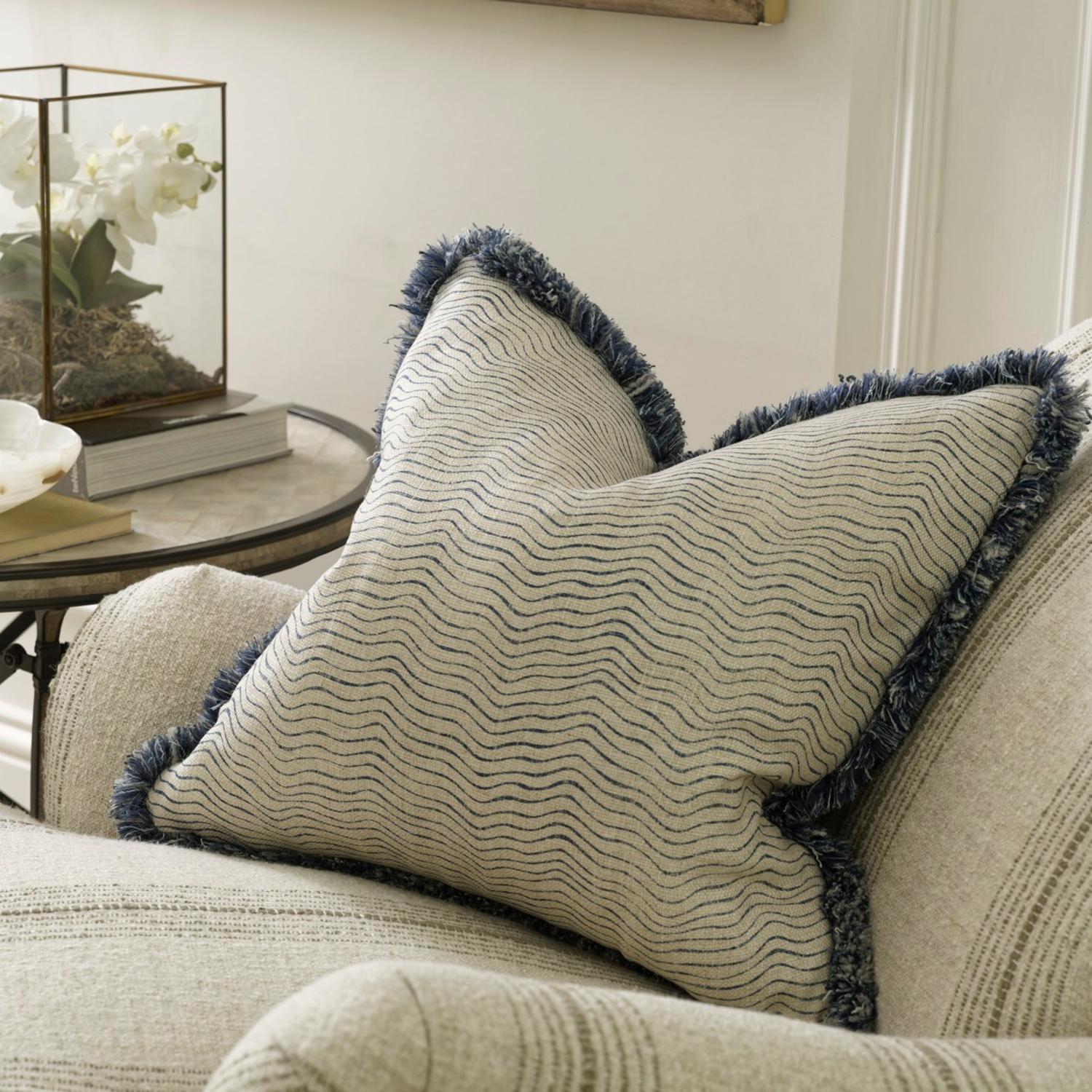 Canalasso Denim Sustainable Feather Cushion - Andrew Martin Sophie Paterson With Trim Fringe Cotton Blend Linen Blend Stripe