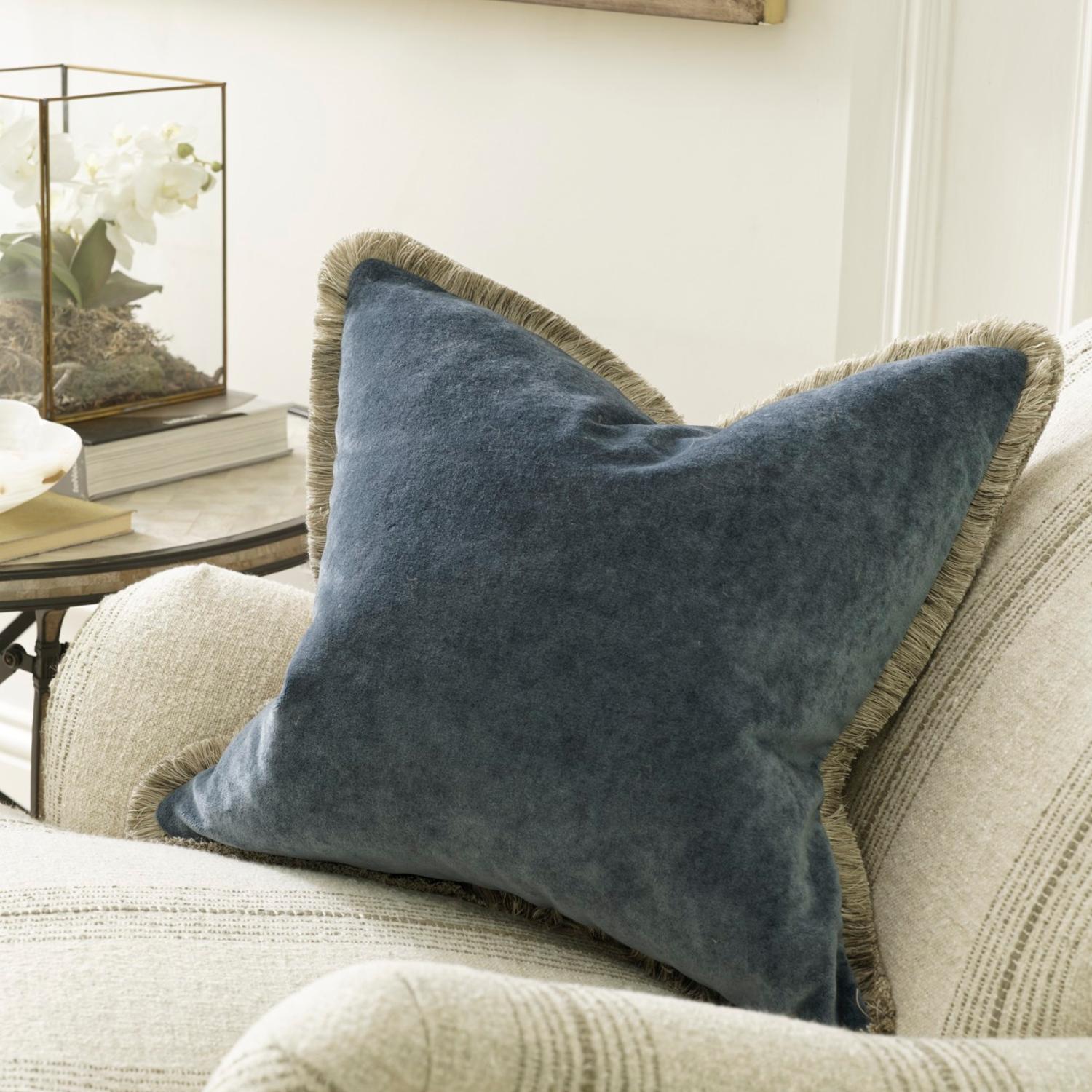 Venetia Denim Sustainable Feather Cushion - Andrew Martin Sophie Paterson With Trim Fringe Linen Velvet Plain
