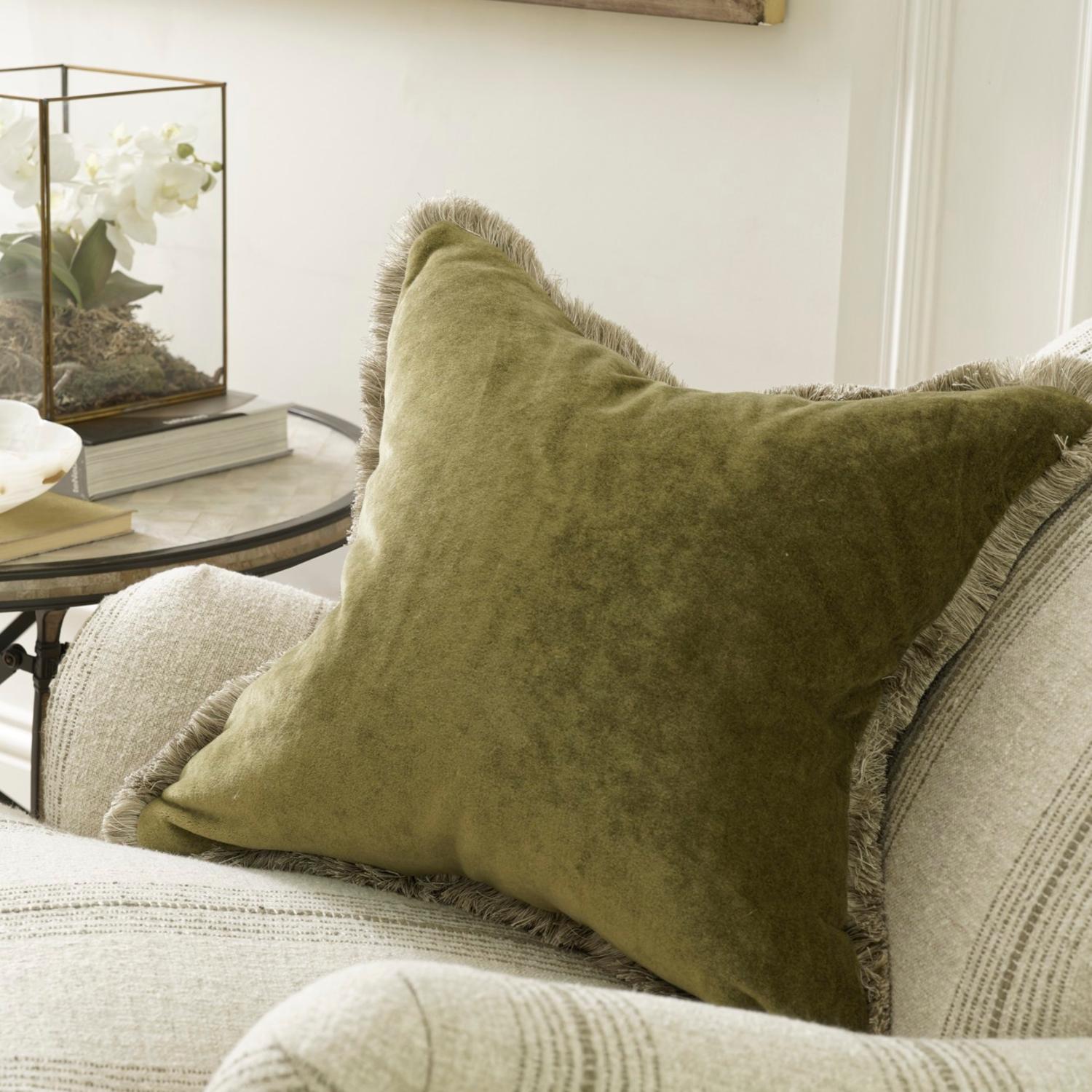Venetia Olive Sustainable Feather Cushion - Andrew Martin Sophie Paterson With Trim Fringe Velvet Plain