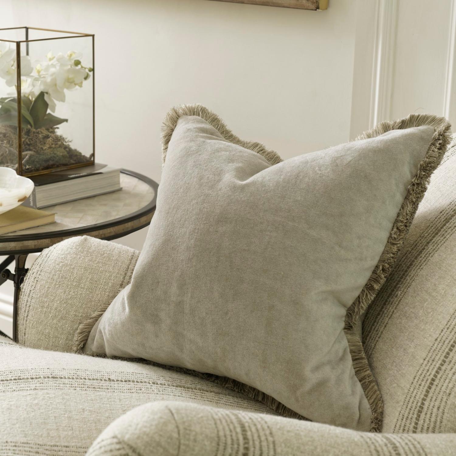 Venetia Ecru Sustainable Feather Cushion - Andrew Martin Sophie Paterson With Trim Fringe Linen Blend Velvet Plain