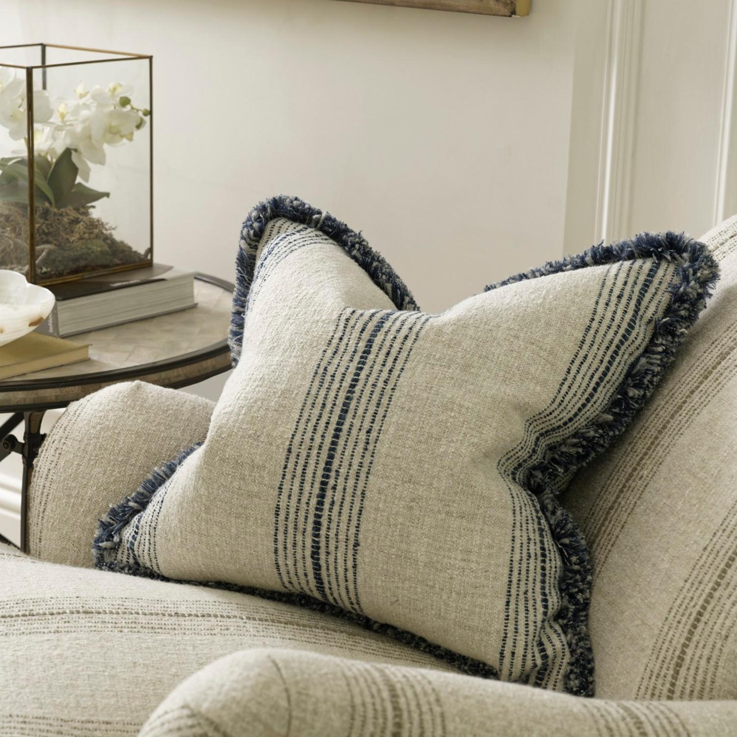 Atrani Stripe Navy Sustainable Feather Cushion Denim - Andrew Martin Sophie Paterson Linen Linen Blend Viscose Blend