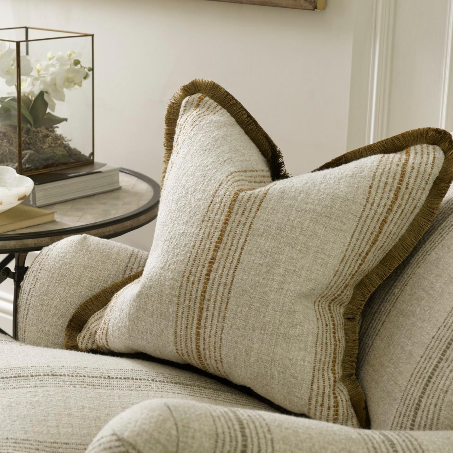 Atrani Stripe Ochre Sustainable Feather Cushion - Andrew Martin Sophie Paterson Linen Linen Blend Viscose Blend