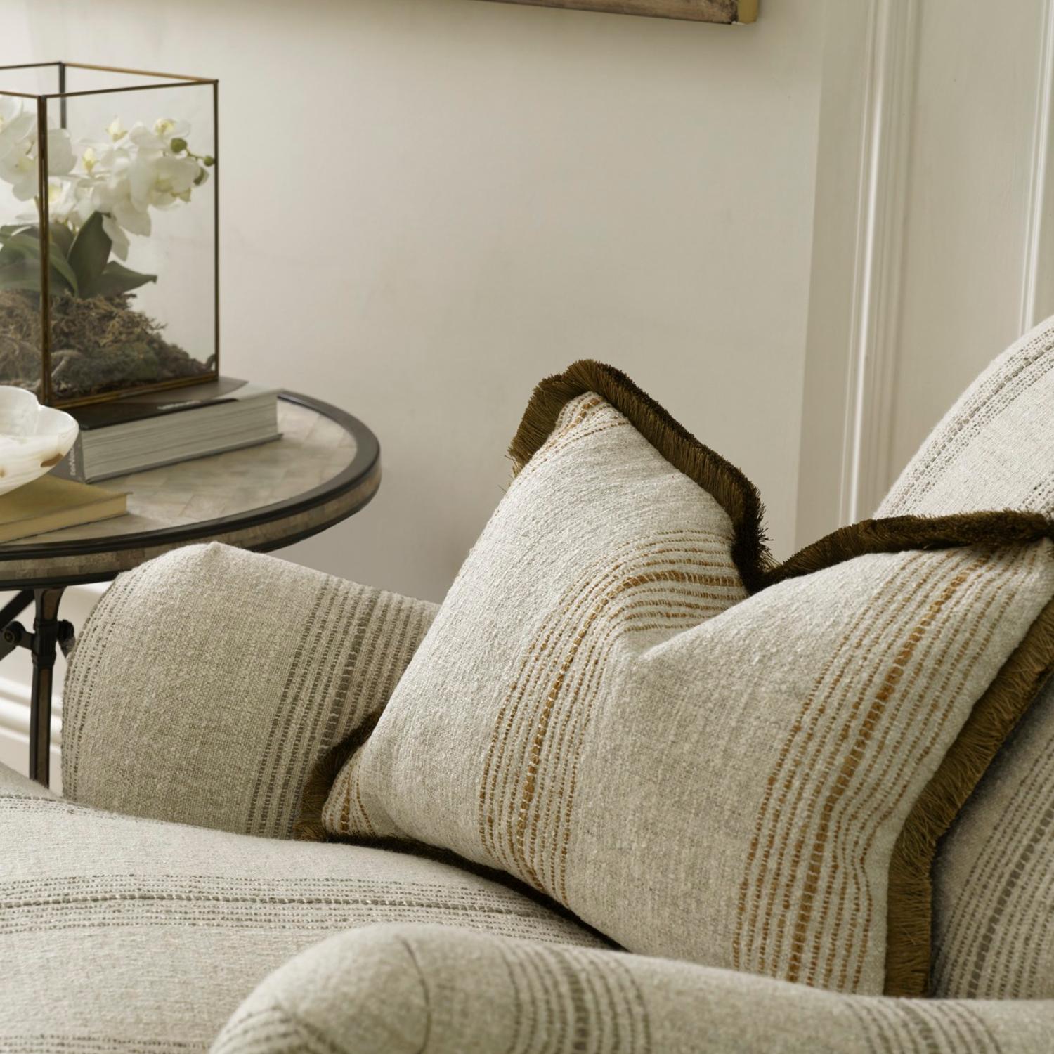 Atrani Stripe Ochre Sustainable Feather Cushion - Andrew Martin Sophie Paterson With Trim Fringe Linen Linen Blend Viscose Blend