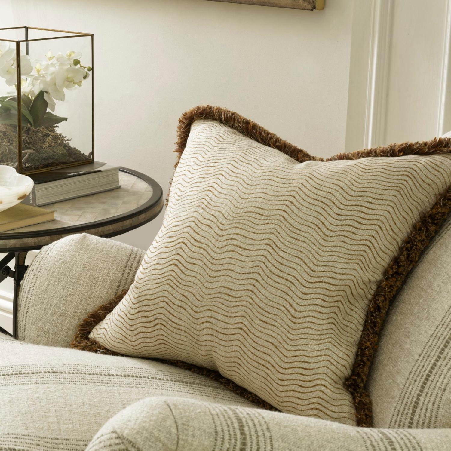 Canalasso Almond Sustainable Feather Cushion - Andrew Martin Sophie Paterson With Trim Fringe Cotton Blend Linen Blend Stripe