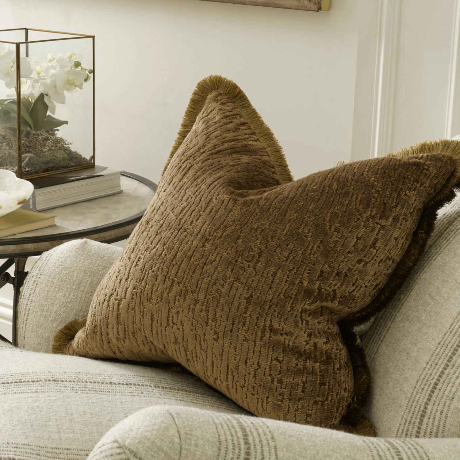 Roma Bronze Sustainable Feather Cushion - Andrew Martin Sophie Paterson With Trim Fringe Linen Blend Velvet