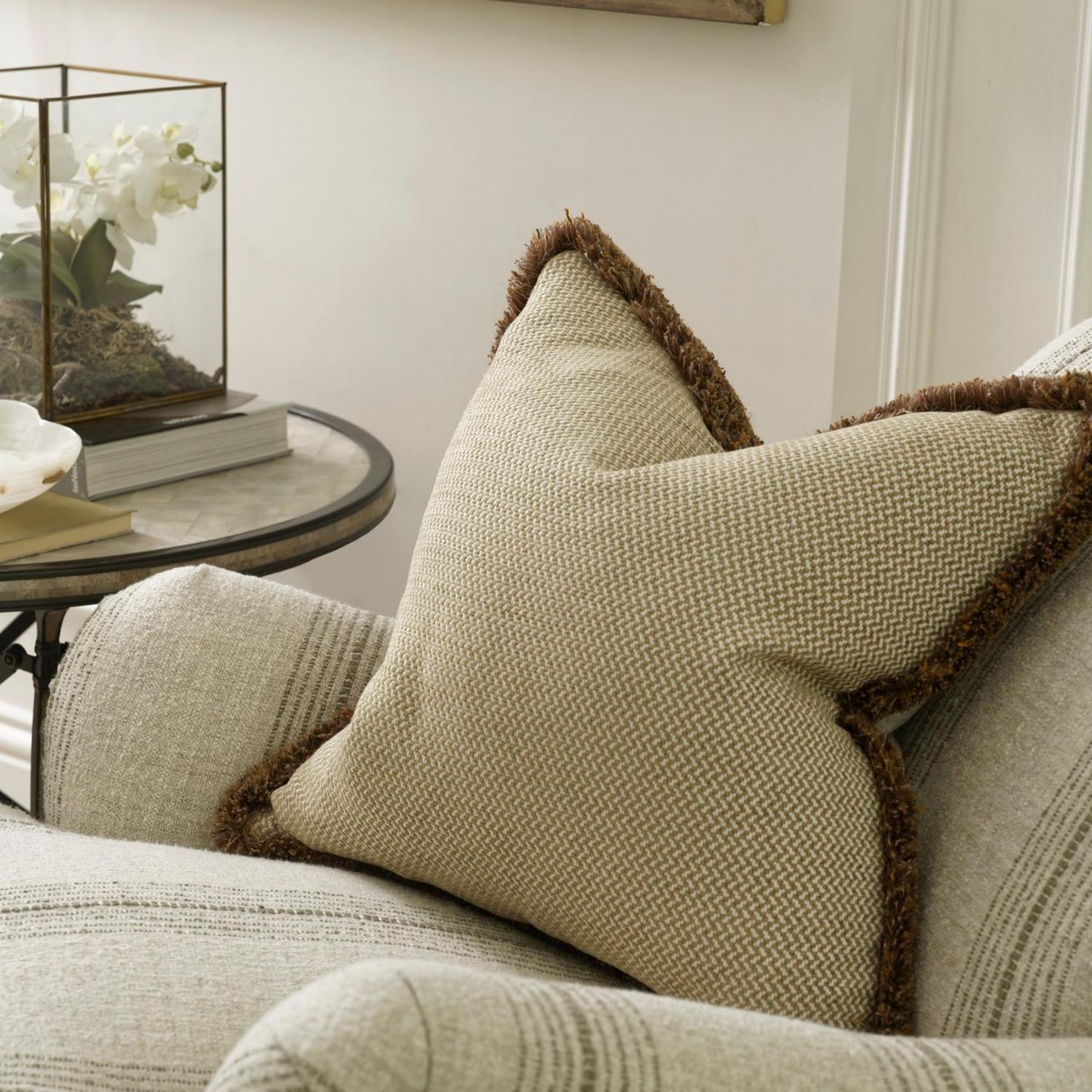 Sanremo Almond Sustainable Feather Cushion - Andrew Martin Sophie Paterson With Trim Fringe Cotton Blend Linen Linen Blend Viscose Blend Pla