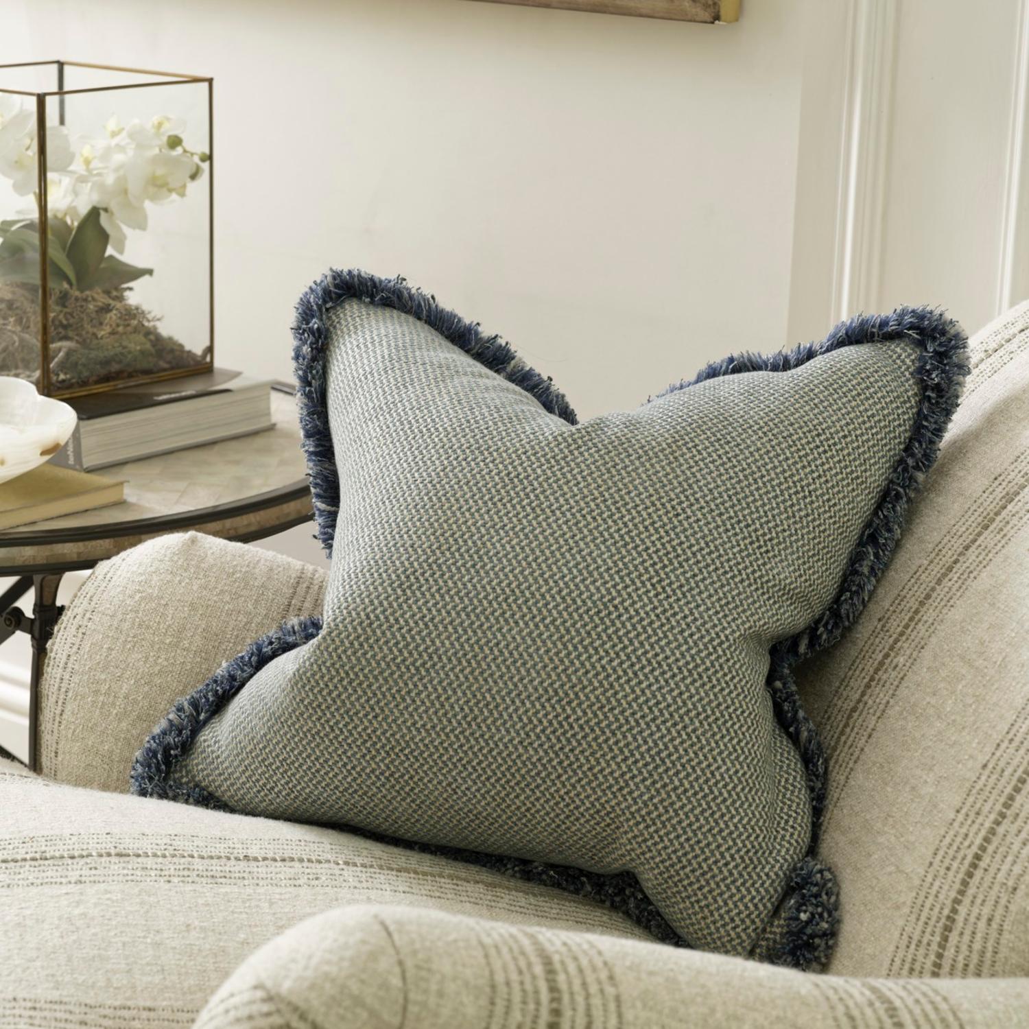 Sanremo Denim Sustainable Feather Cushion - Andrew Martin Sophie Paterson With Trim Fringe Cotton Blend Linen Linen Blend Viscose Blend Plai