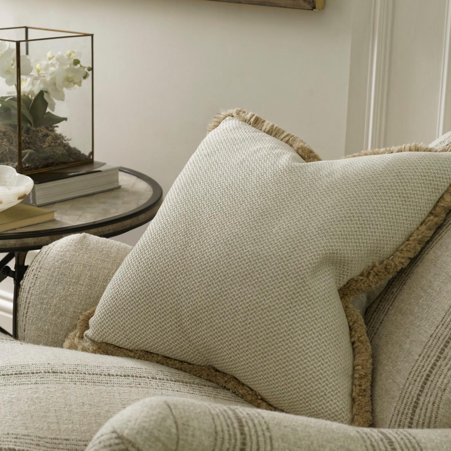 Sanremo Ecru Sustainable Feather Cushion - Andrew Martin Sophie Paterson With Trim Fringe Cotton Blend Linen Linen Blend Viscose Blend Plain