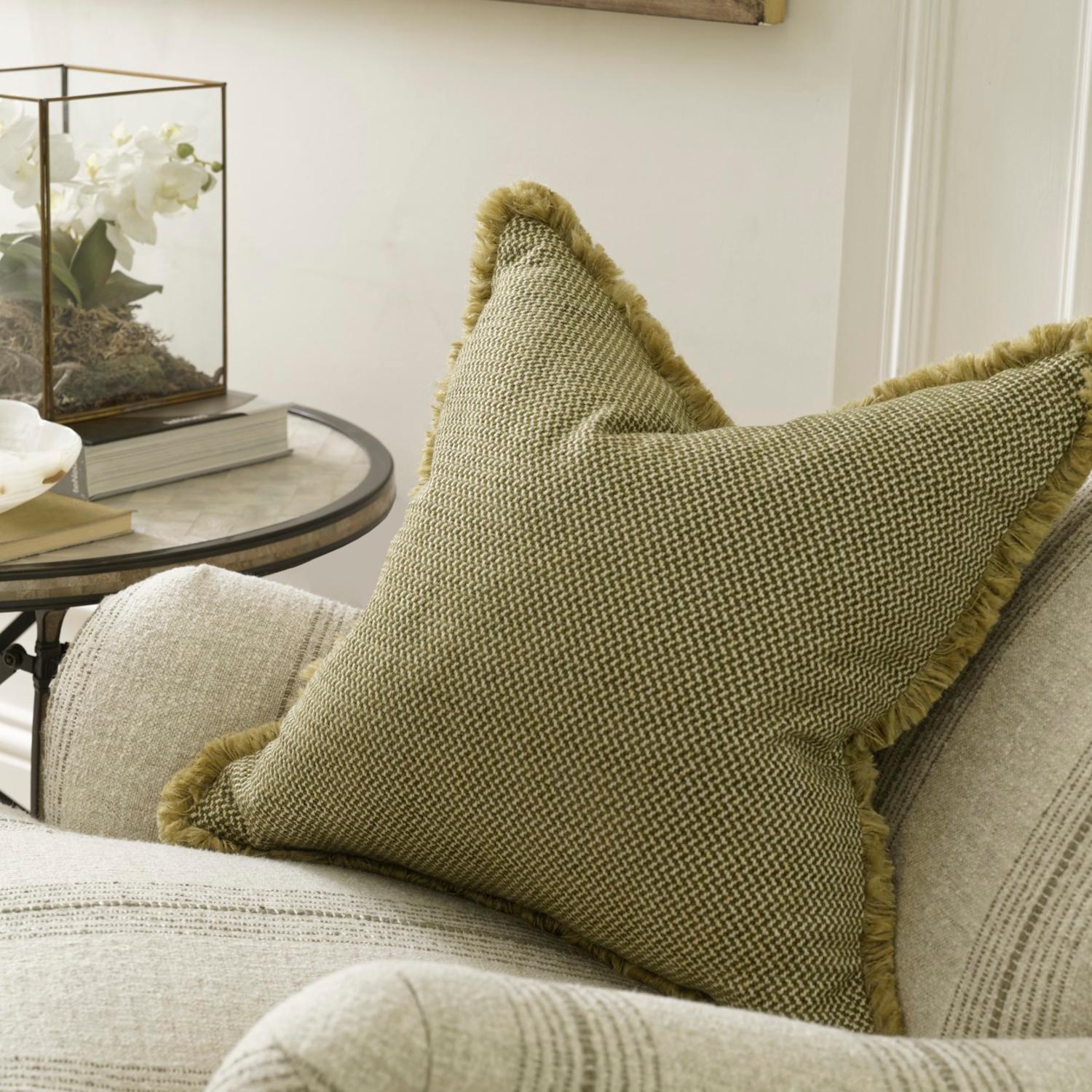 Sanremo Olive Sustainable Feather Cushion - Andrew Martin Sophie Paterson With Trim Fringe Cotton Blend Linen Linen Blend Viscose Blend Plai