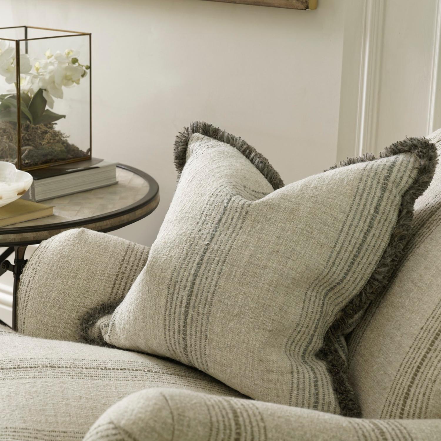 Atrani Stripe Silver Sustainable Feather Cushion - Andrew Martin Sophie Paterson With Trim Fringe Cotton Blend Linen Blend Viscose Blend