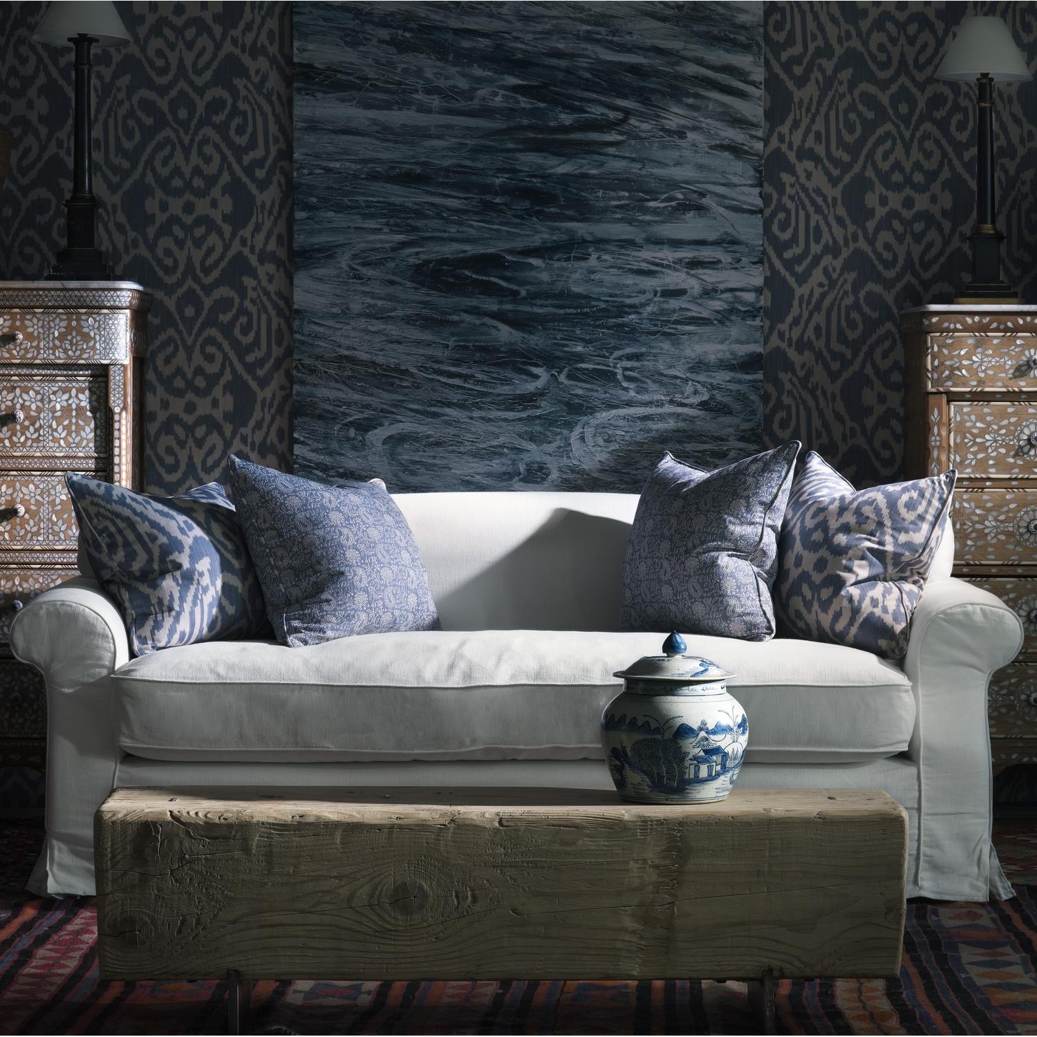 Otter Denim Sustainable Feather Cushion - Andrew Martin Eco-conscious Cotton Cotton Blend Linen Linen Blend Ikat