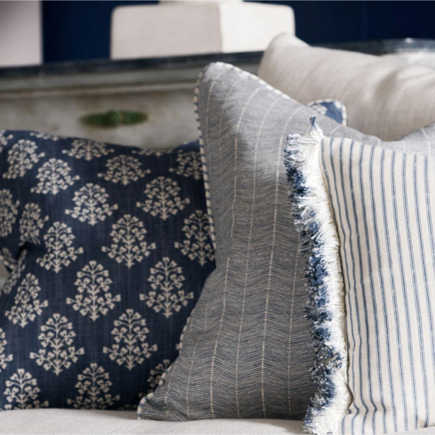 Furrow Denim Sustainable Feather Cushion - Andrew Martin Eco-conscious Linen Blend Viscose Blend Herringbone Small Prints