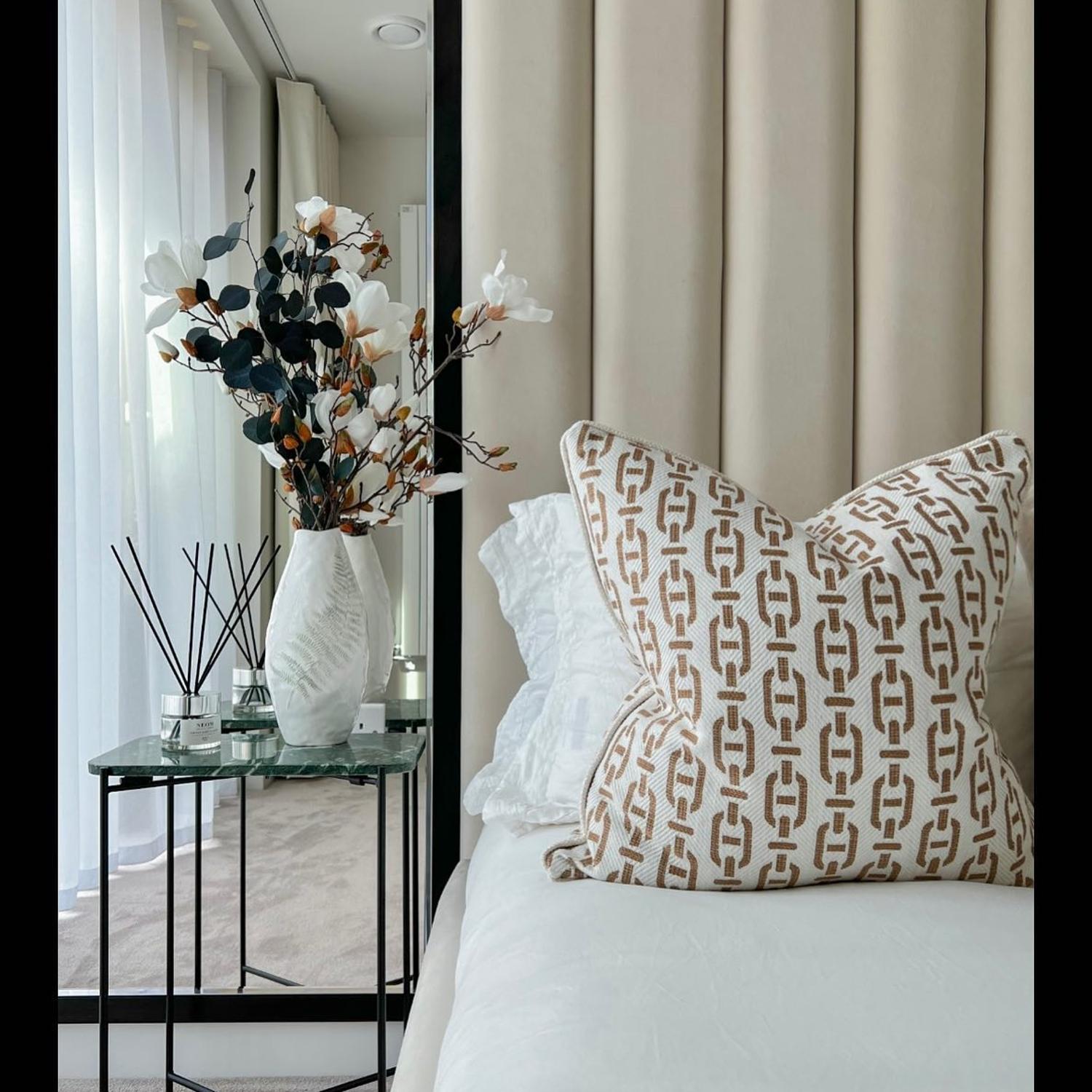 Burlington Tan Sustainable Feather Cushion - Andrew Martin Sophie Paterson Cotton Blend Linen Blend Geometric