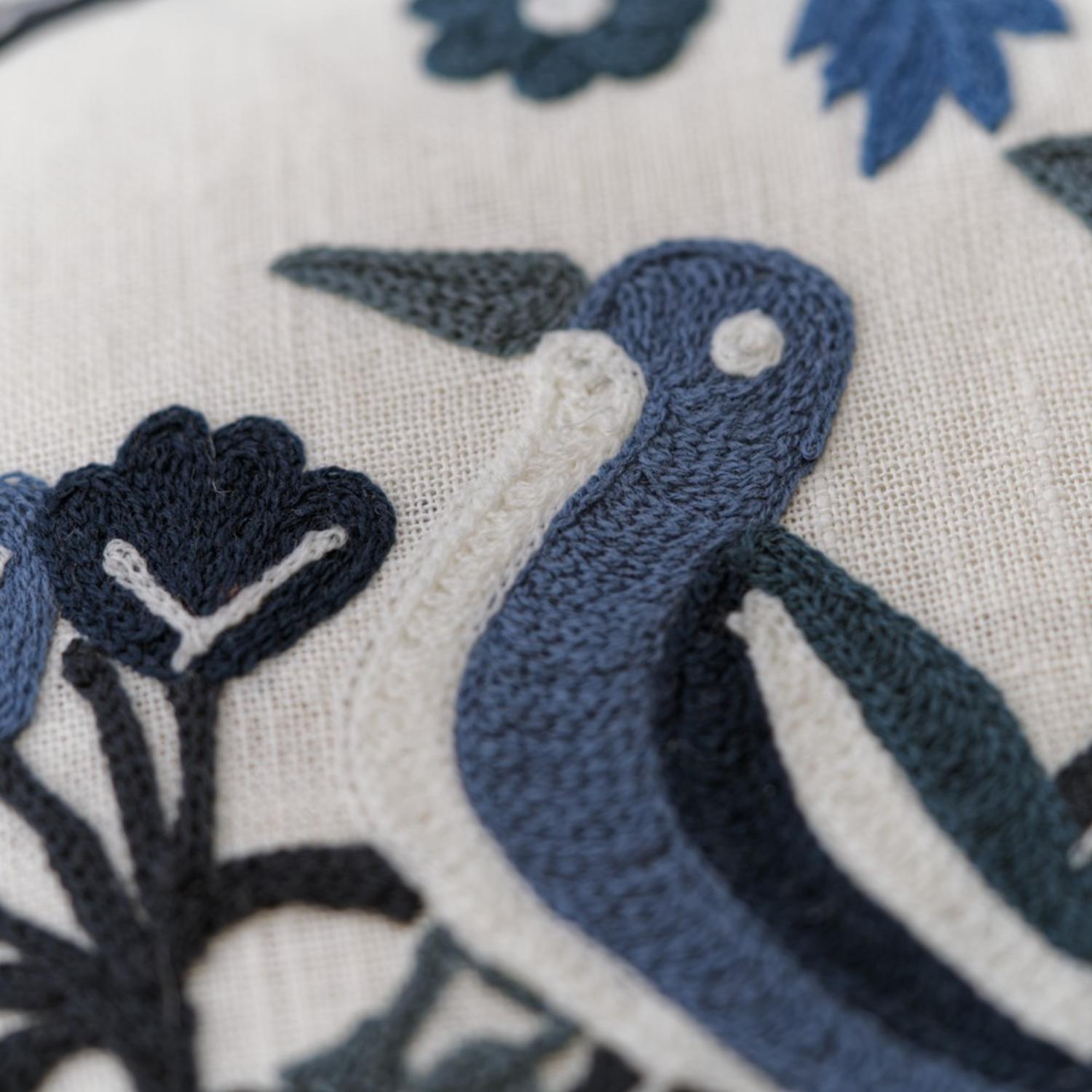 Birdsong Delphinium Sustainable Feather Cushion - Andrew Martin Linen Blend Embroidered Floral