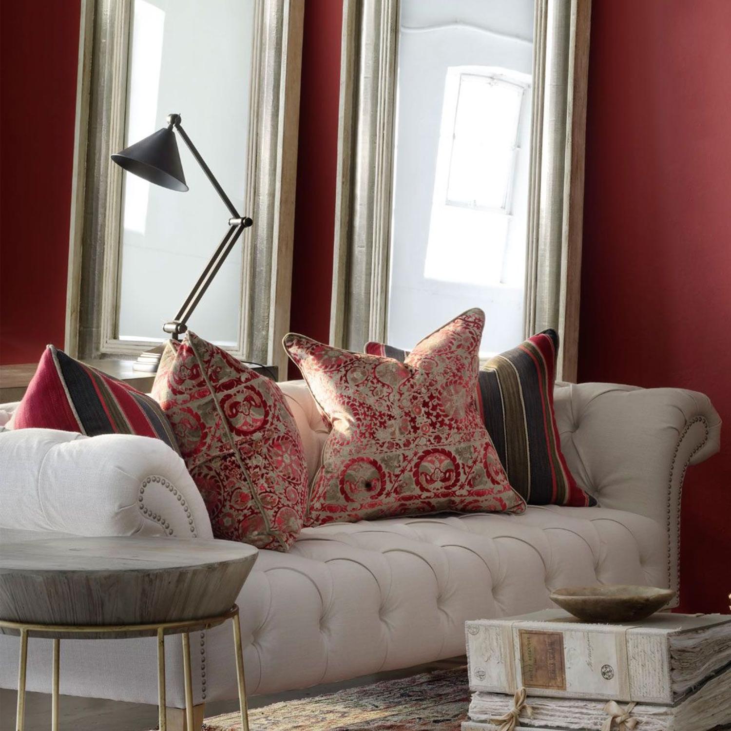 Iznik Red Sustainable Feather Cushion 55cm X 55cm - Andrew Martin Velvet Floral Kilim